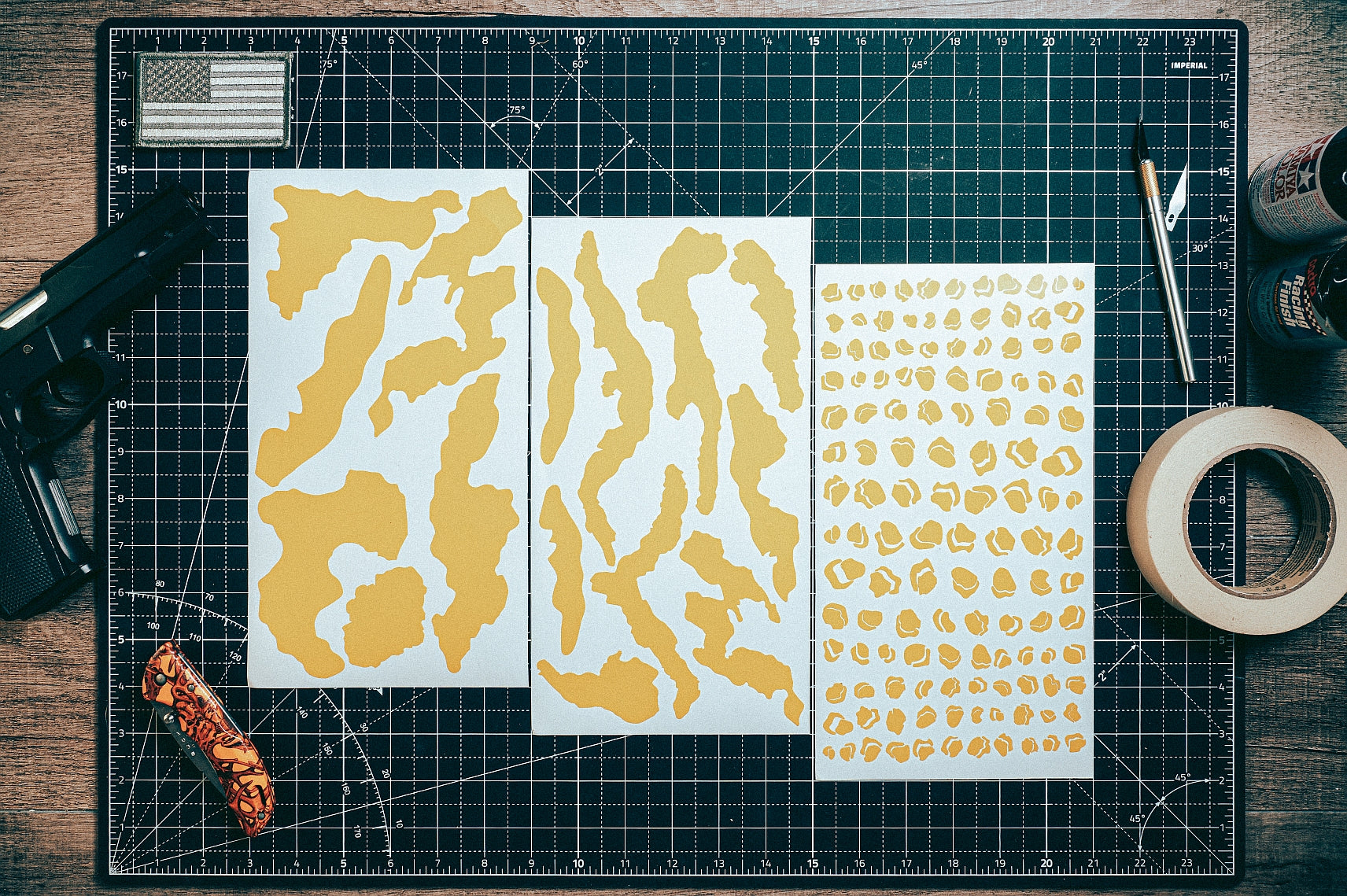Desert Battle Dress Chocolate Chip Camo high-heat vinyl stencil kit by Stencil Craft, yellow paint mask vinyl for Cerakote and DuraCoat finishes