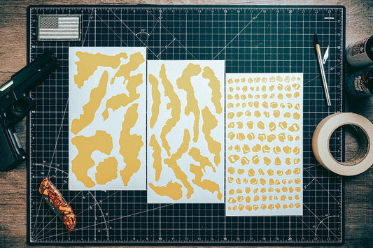 Desert Battle Dress Chocolate Chip Camo high-heat vinyl stencil kit by Stencil Craft, yellow paint mask vinyl for Cerakote and DuraCoat finishes