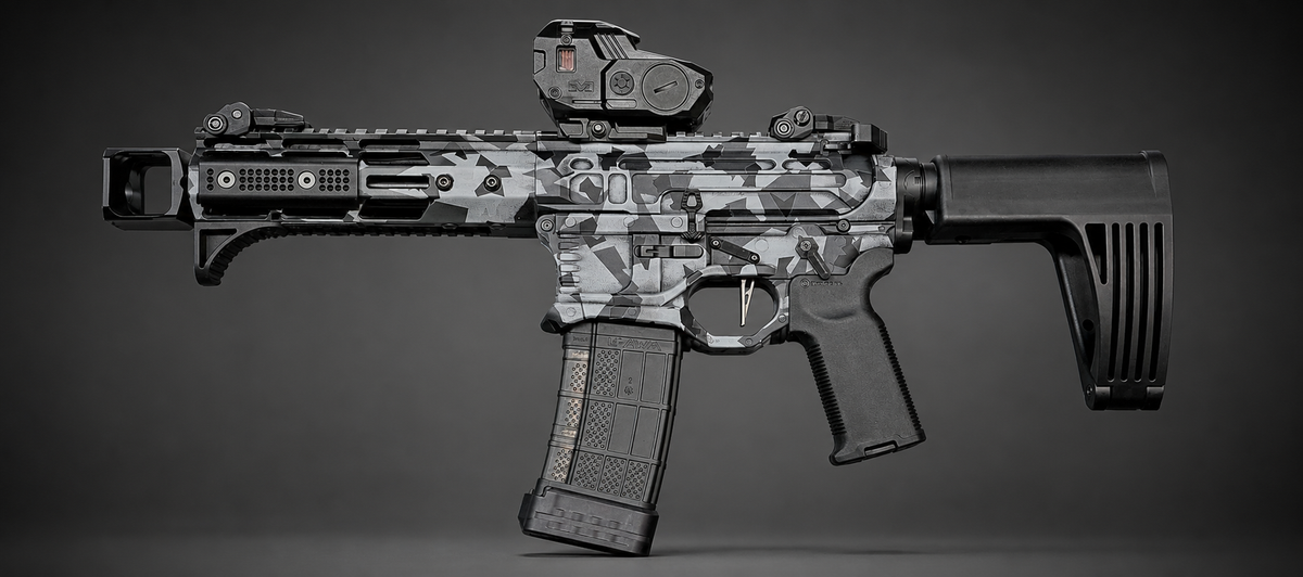 Rifle with a grey and black camouflage finish painted using a Stencil Craft vinyl stencil kit